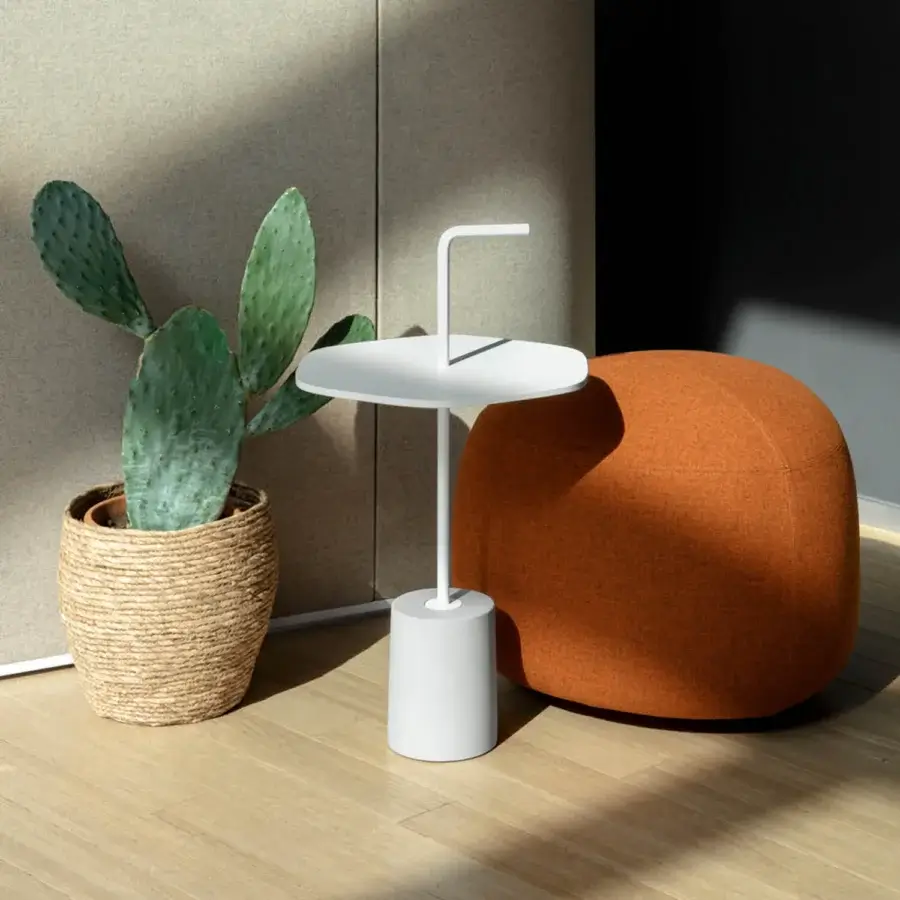 Distinguished Lapalma Jey side table with dual-level circular surface and slender curved stem in matte white finish