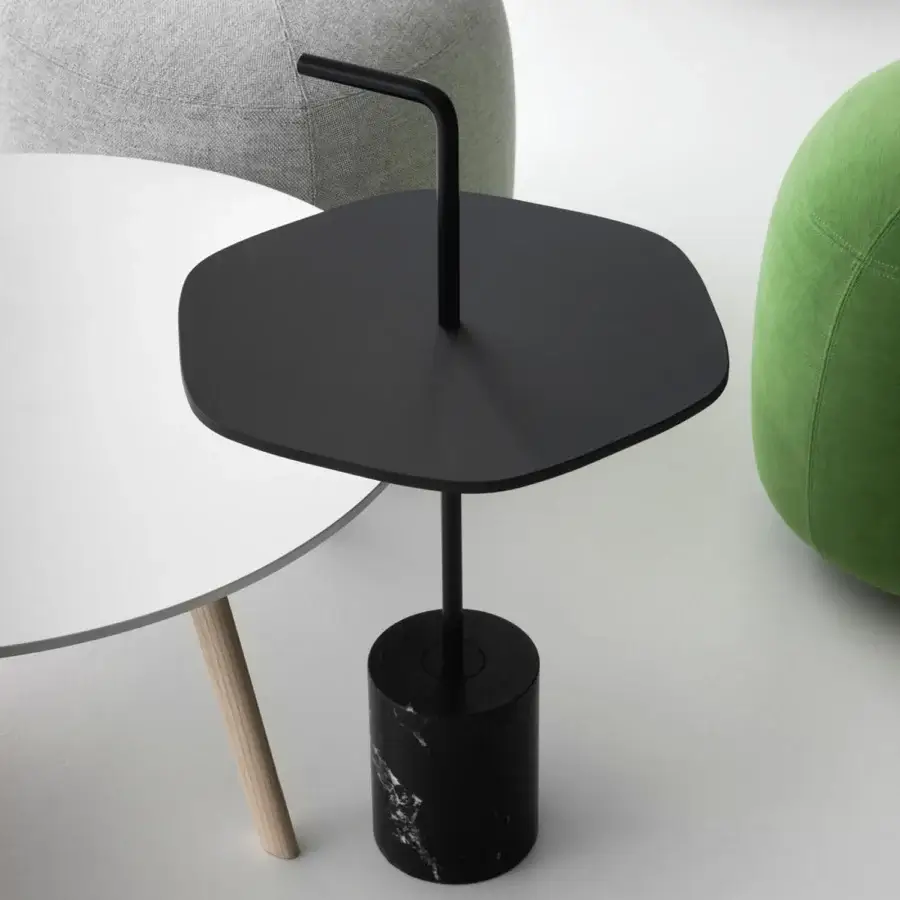 Exceptional Lapalma Jey side table with hexagonal matte black metal tabletop and polished dark marble base