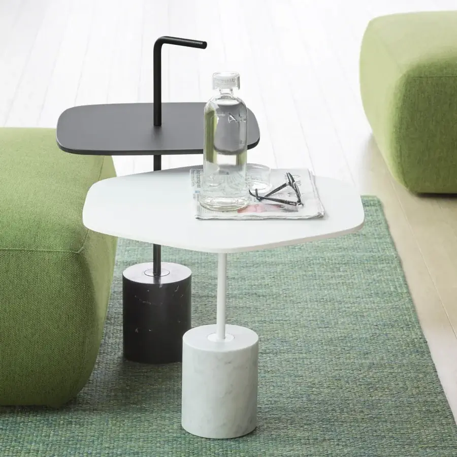 Distinguished Lapalma Jey side table with uniquely shaped white tabletop and contrasting black marble base in matte finish