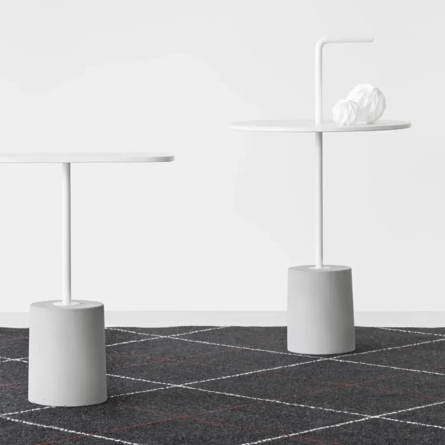 Superior Lapalma Jey side table with light gray circular tabletop and cylindrical base in a subtly textured matte finish