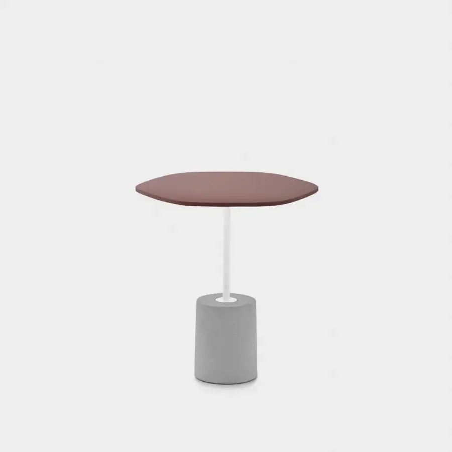 Elegant Lapalma Jey side table with reddish-brown matte tabletop and light gray concrete-like cylindrical base crafted with a white metal rod