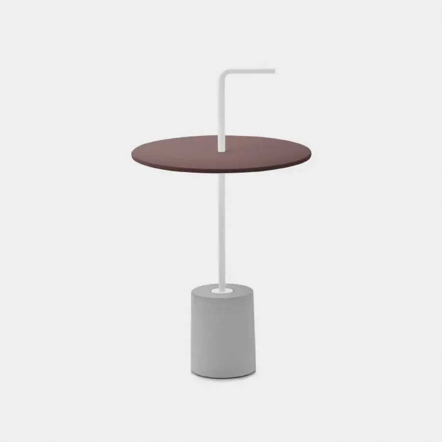 Superior Lapalma Jey side table with reddish-brown metal tabletop and white metal stem built with a textured neutral grey base