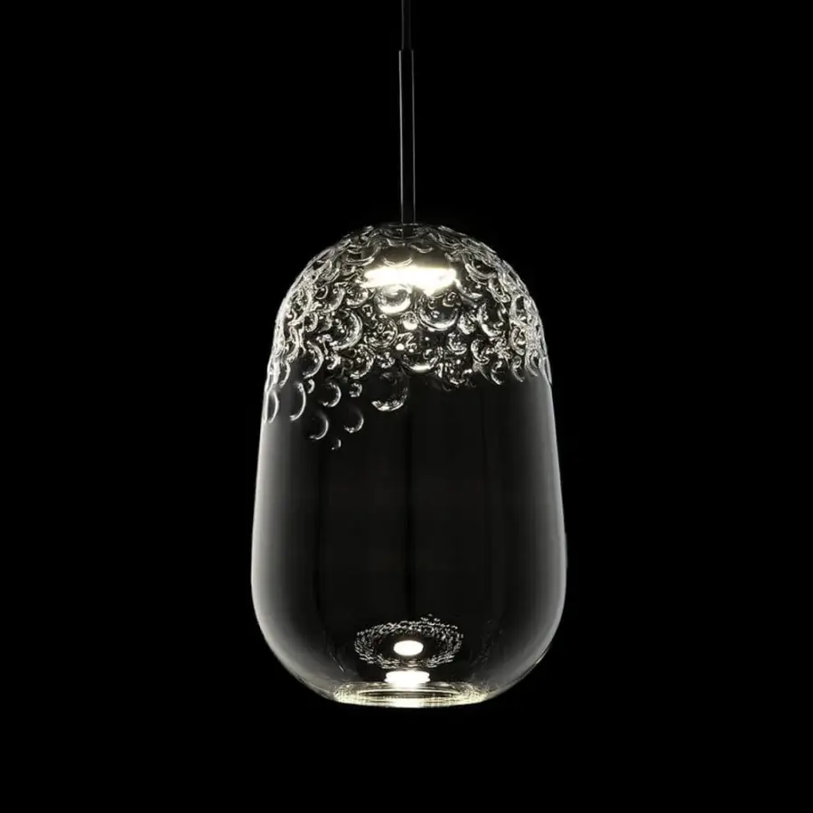 Exceptional melogranoblu Galuchat suspension lamp with hand-blown transparent glass and dark grey varnished metal structure