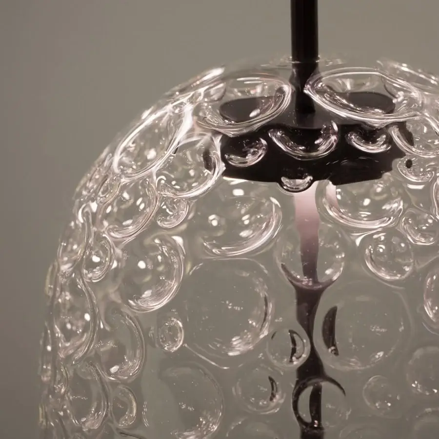 Distinguished melogranoblu Galuchat suspension lamp with bubbly transparent hand-blown glass and dark grey varnished metal structure