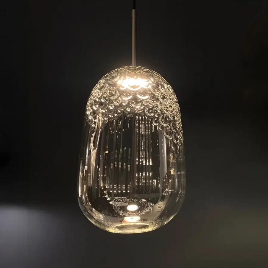 Exceptional melogranoblu Galuchat suspension lamp with transparent hand-blown glass and dark grey varnished metal structure