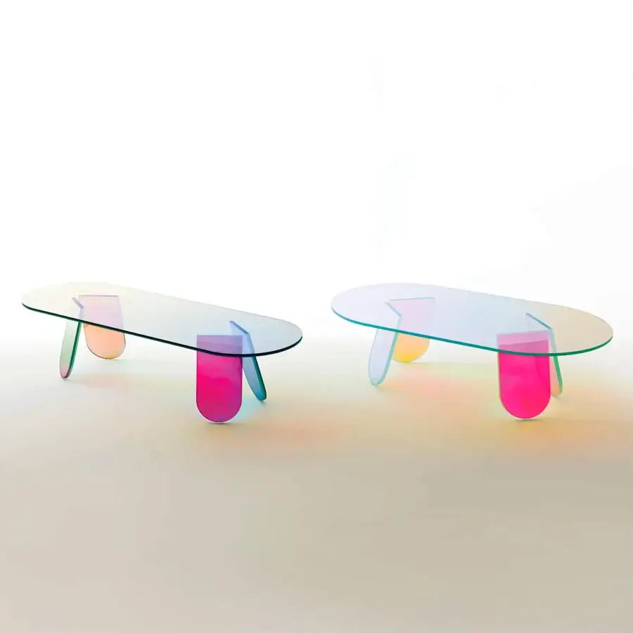 Exceptional Glas Italia Shimmer coffee table built in iridescent multichromatic laminated and glued glass with gradient legs