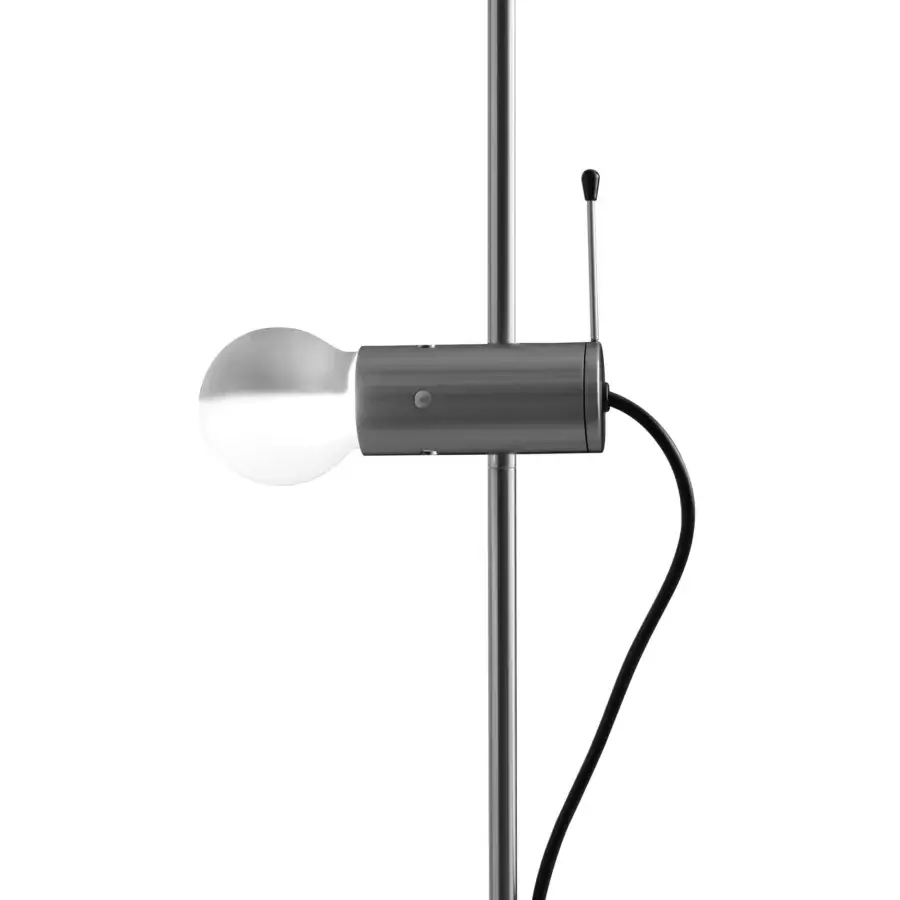 Exceptional Oluce Agnoli floor lamp crafted in muted metallic gray with a travertine base and brushed metal stem
