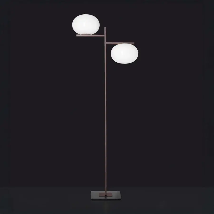 Superior Oluce Alba floor lamp in brushed metal with opaque white glass spheres and an anthracite base