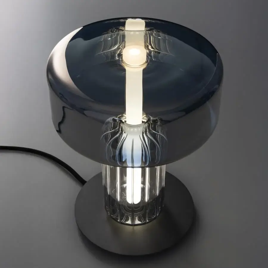 Exclusive melogranoblu Rapanui table lamp with stacked hand-blown glass in blue-grey and gold finishes