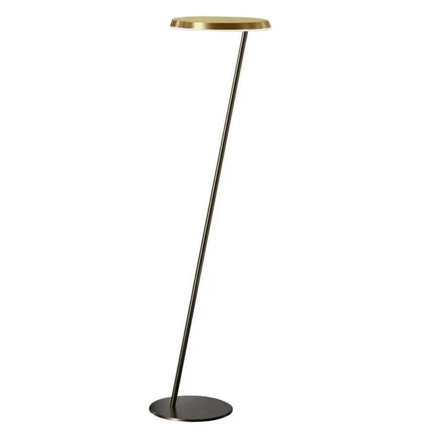 Elegant Oluce Amanita floor lamp with a slender form and golden-yellow lampshade in dark satin-sheen metal