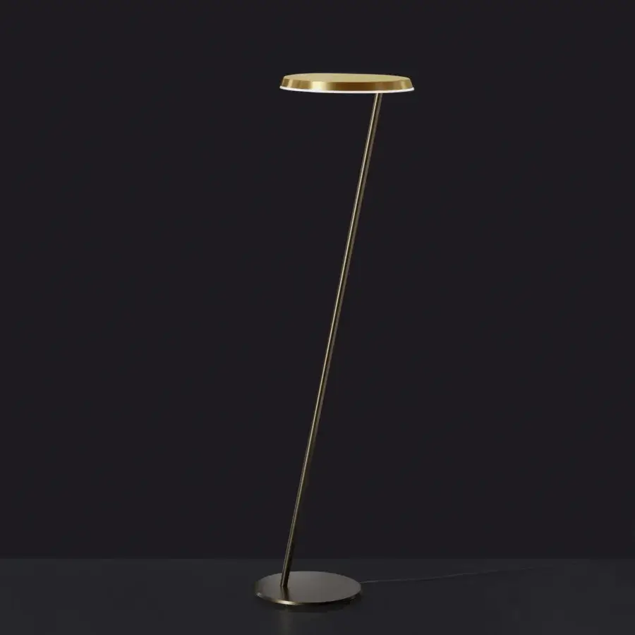 Superior Oluce Amanita floor lamp with a tall, slender silhouette and muted gold metal construction with a satin finish