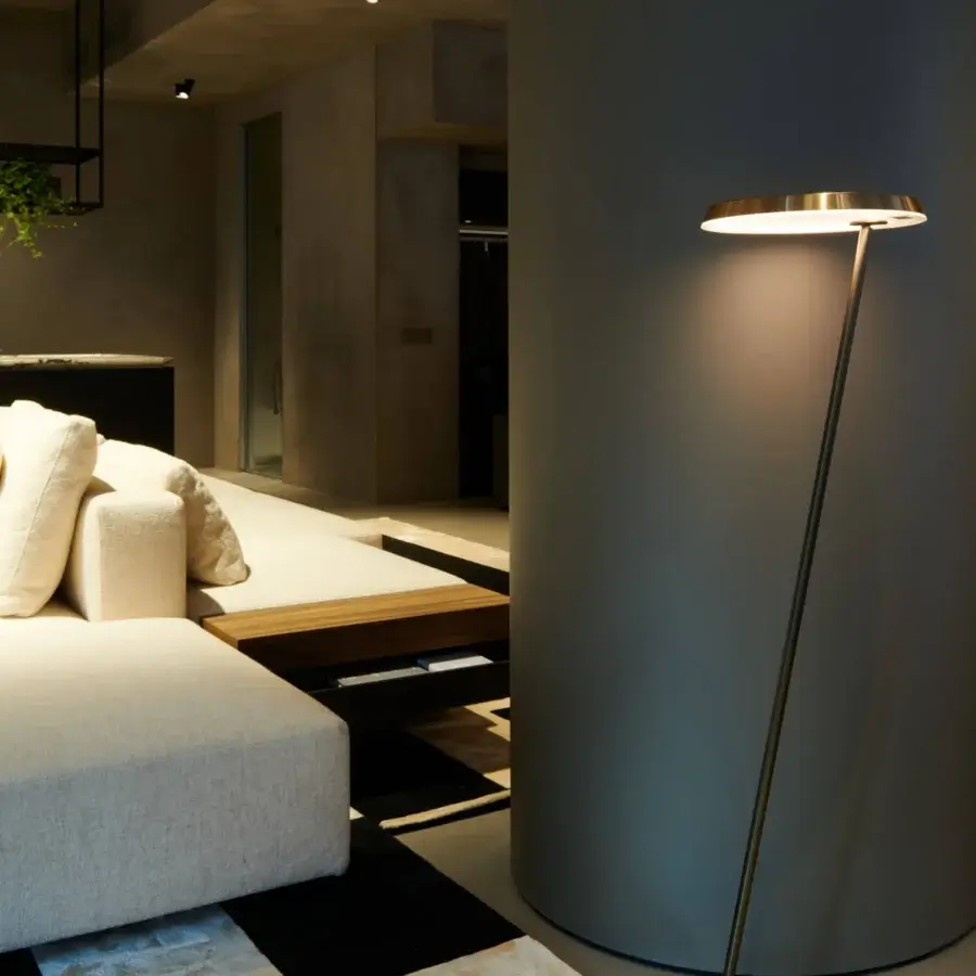 Distinguished Oluce Amanita floor lamp with a tall, slender silhouette crafted in metal with a satin finish
