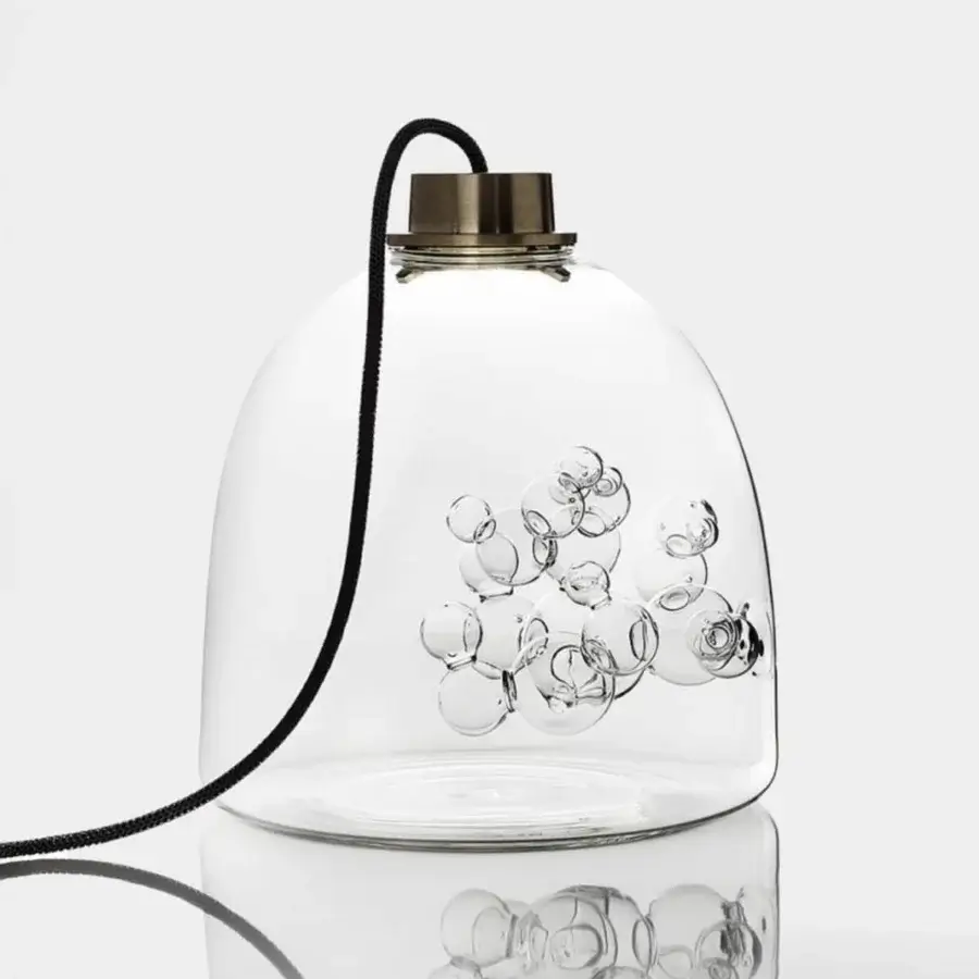 Luxury melogranoblu Soap table lamp crafted in transparent hand-blown glass with internal bubble glass sculpture and glossy finish