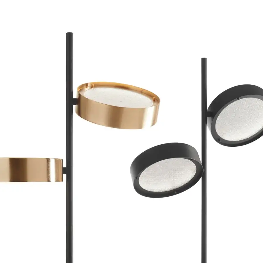 Exclusive Oluce Berlin floor lamp with thick metal rings framing wired glass discs and a black matte finish