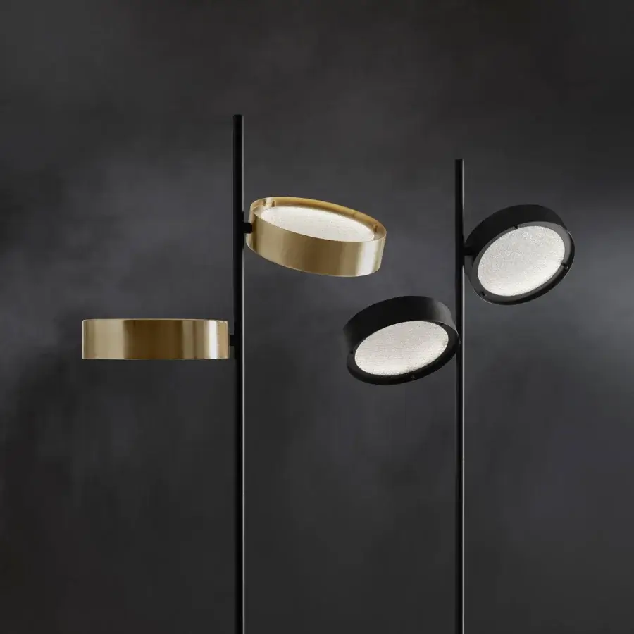 Superior Oluce Berlin floor lamp with rotating diffusers crafted in black and golden brass tone metal