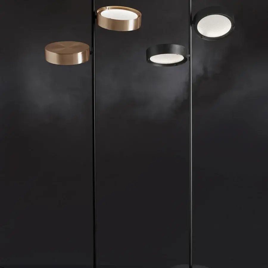 Elegant Oluce Berlin floor lamp with rotating diffusers built in matte black and gold tone metal with wired glass