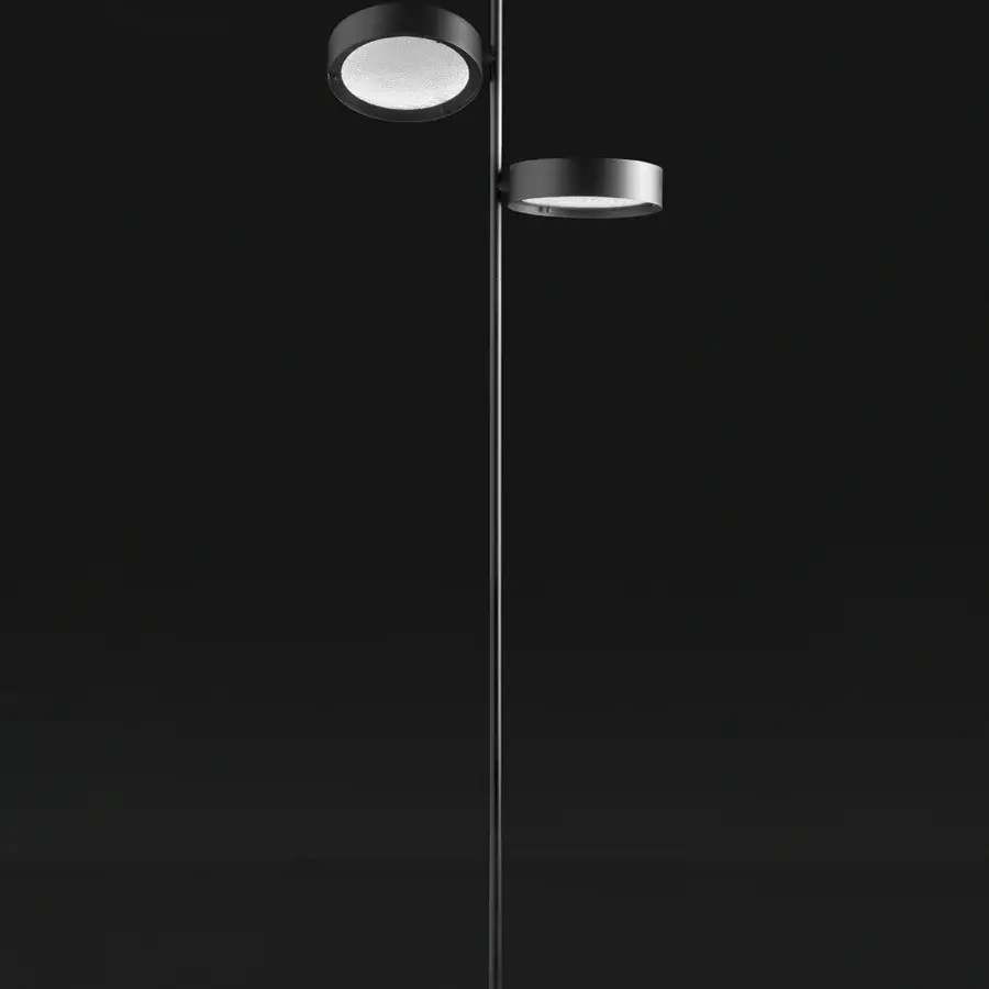 Distinguished Oluce Berlin floor lamp with thick metal rings framing wired glass discs in dark gray finish