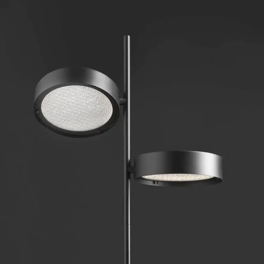 Exceptional Oluce Berlin floor lamp with metal rings framing wired glass in matte dark gray finish crafted in Italy