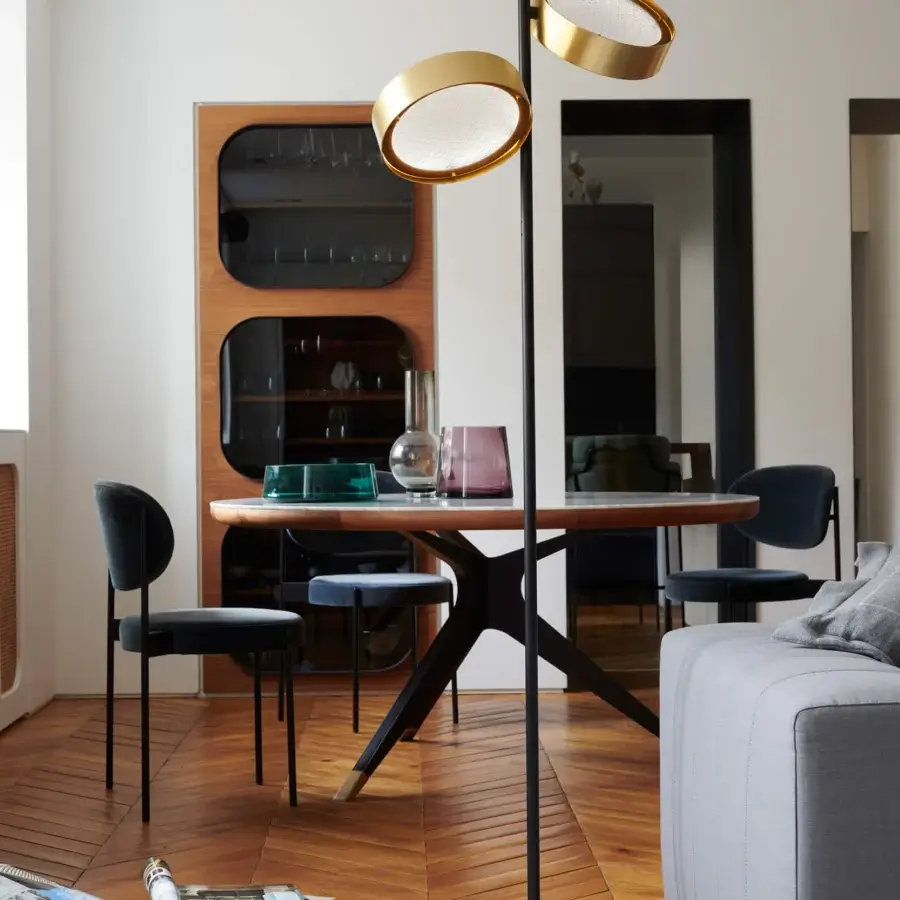 Superior Oluce Berlin floor lamp with metal rings framing wired glass and a matte black finish