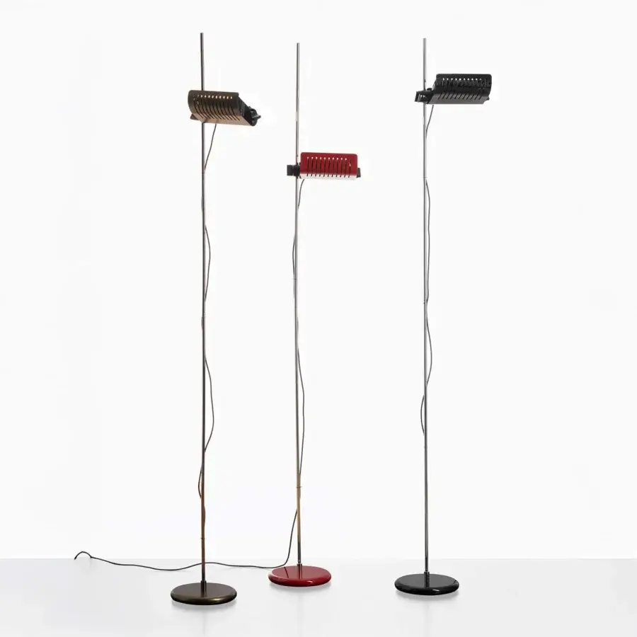Elegant Oluce Colombo floor lamp with bronze base, chrome stem and matte black rectangular light fixture crafted in Italian materials
