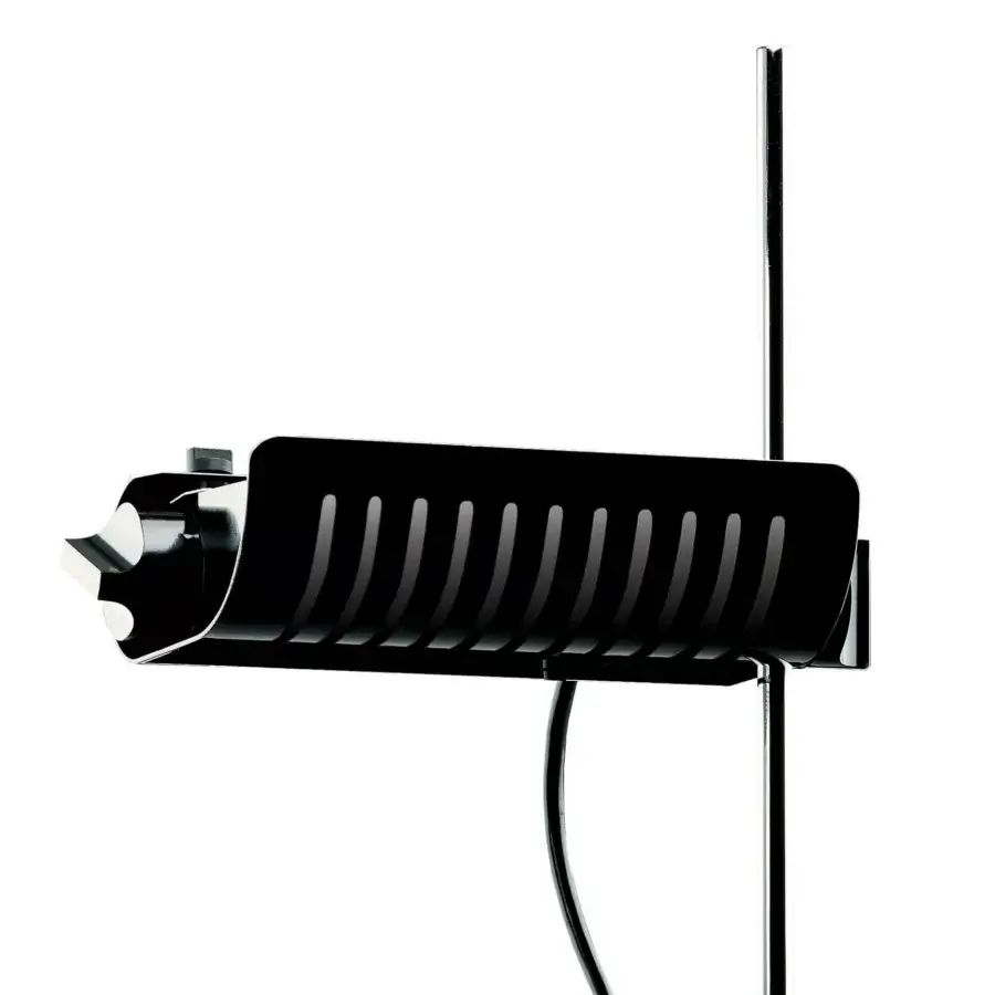 Superior Oluce Colombo floor lamp with black metal and chrome adjustable reflector delivers focused light with a smooth matte finish