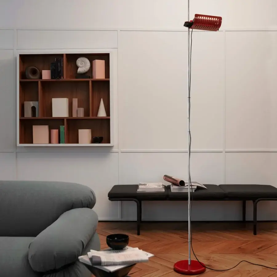 Distinguished Oluce Colombo floor lamp with satin silver metal and glossy red adjustable reflector