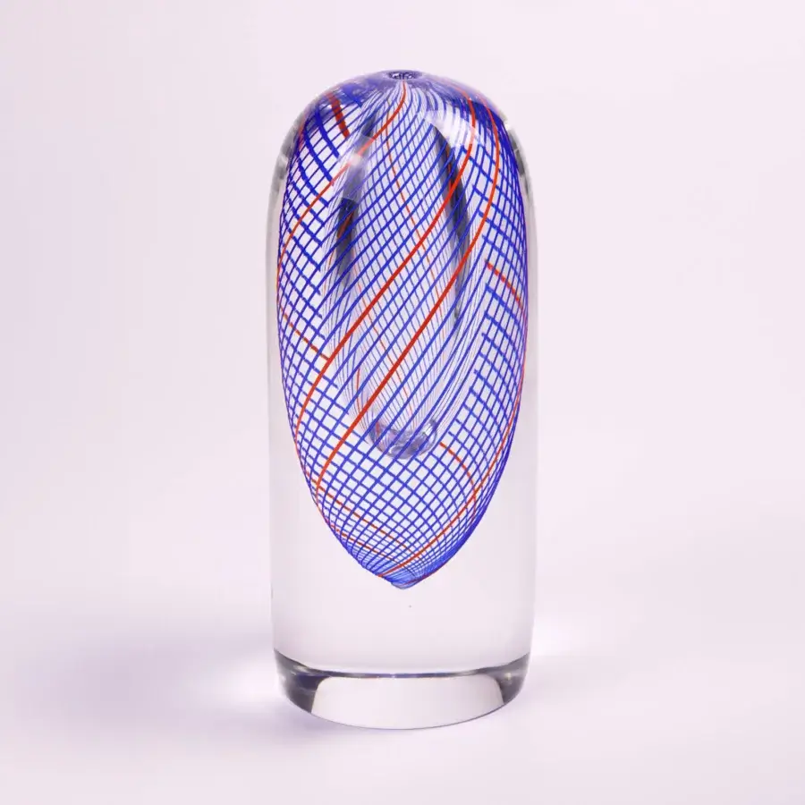 Elegant Wave Murano Glass Spyro vase set handcrafted with swirling blue and orange filaments in crystal-clear glass