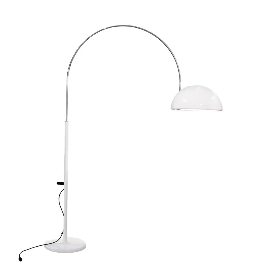 Exceptional Oluce Coupé arched floor lamp with a bright white semi-spherical dome and polished metal arm crafted in Italy