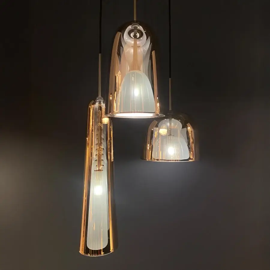 Exceptional melogranoblu Artusi suspension lamp with a double bell shape and metallic copper finish crafted in white frosted ruled glass