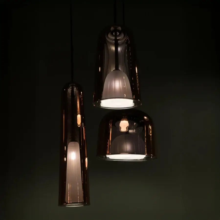 Superior melogranoblu Artusi suspension lamp with a double bell shape and frosted ruled glass interior crafted in metallic copper finish