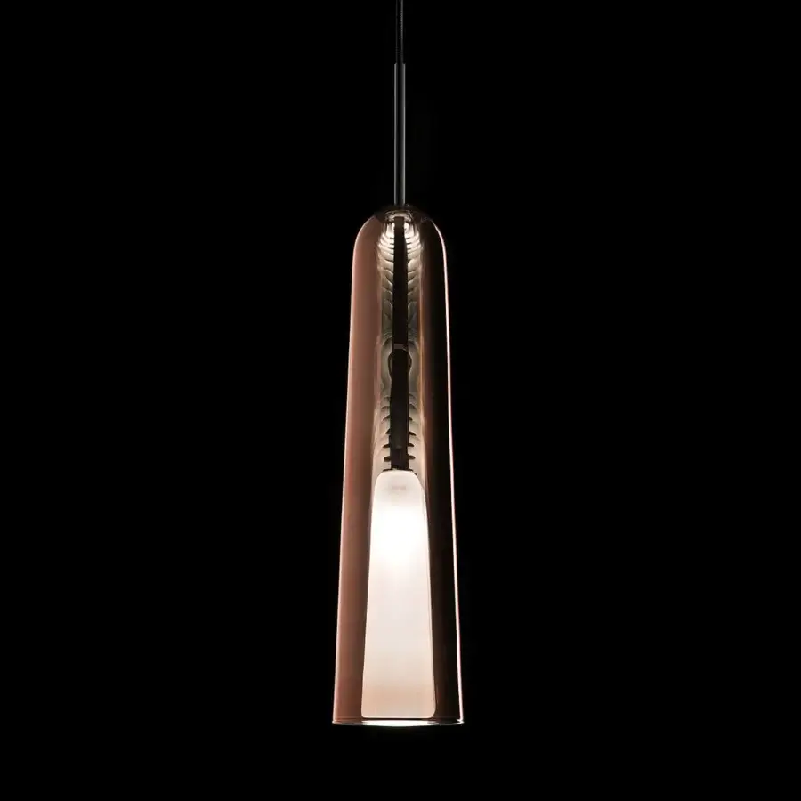 Exclusive melogranoblu Artusi suspension lamp with a double bell shape and rose-gold metallic copper finish