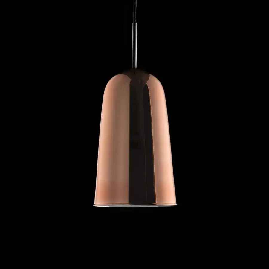 Distinctive melogranoblu Artusi suspension lamp crafted in metal with a metallic copper finish and frosted ruled glass interior