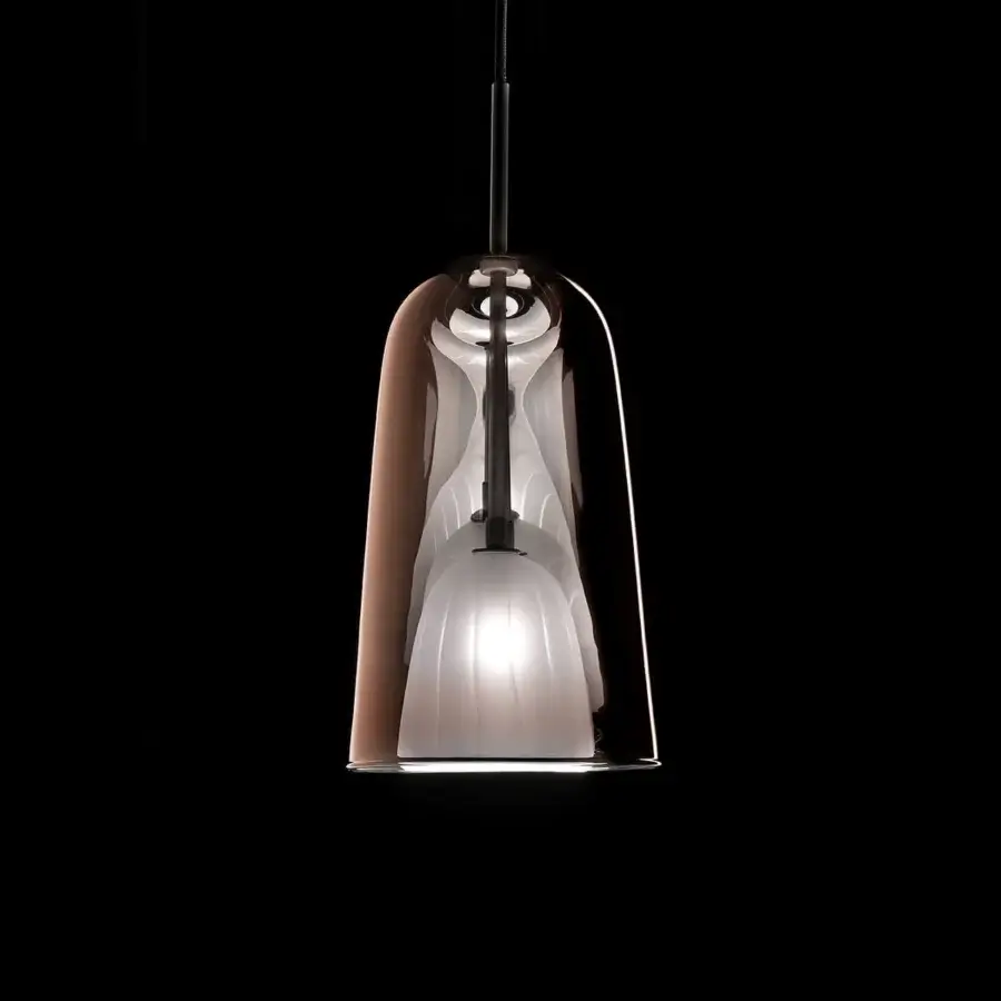 Elegant melogranoblu Artusi suspension lamp crafted in metallic copper with frosted white glass interior
