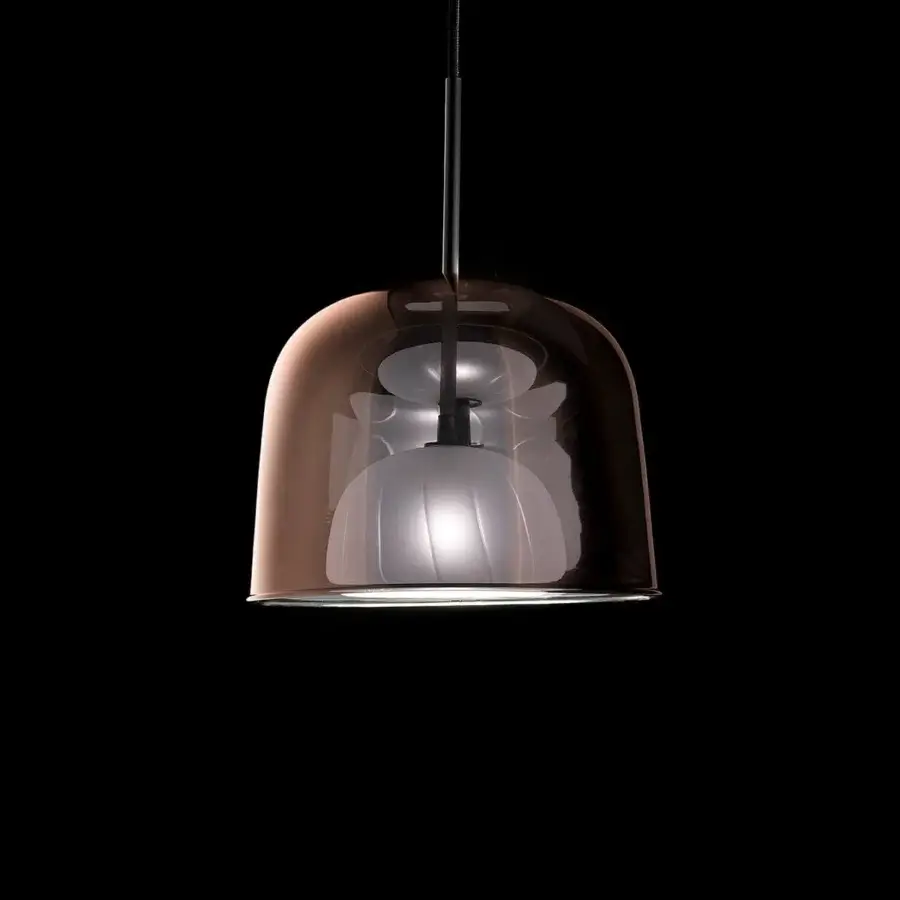 Exceptional melogranoblu Artusi suspension lamp with metallic copper and white frosted ruled glass diffuser