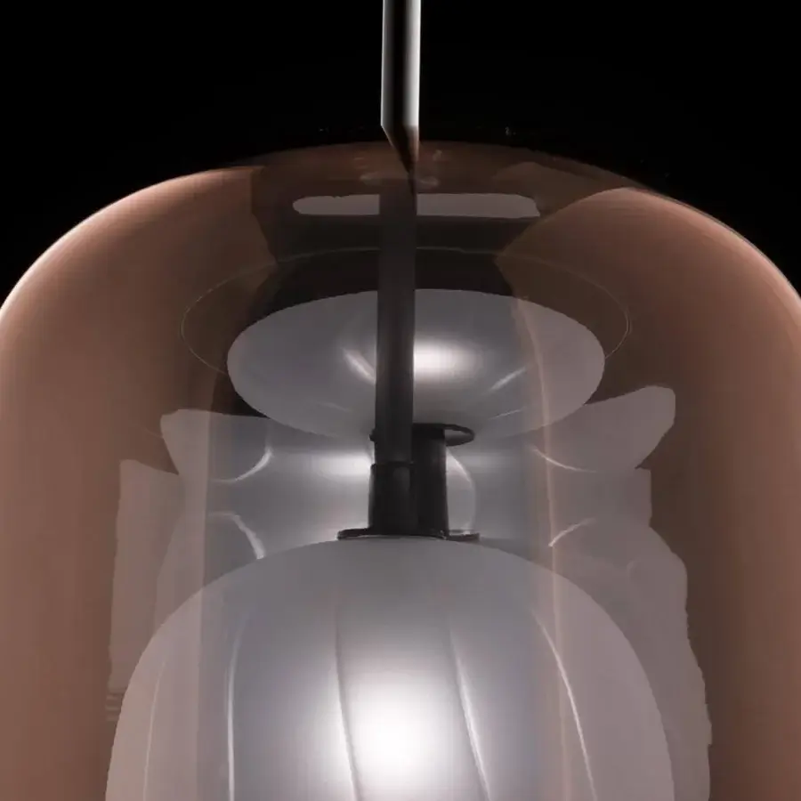 Distinctive melogranoblu Artusi suspension lamp with metallic copper and frosted ruled glass crafted in Italy
