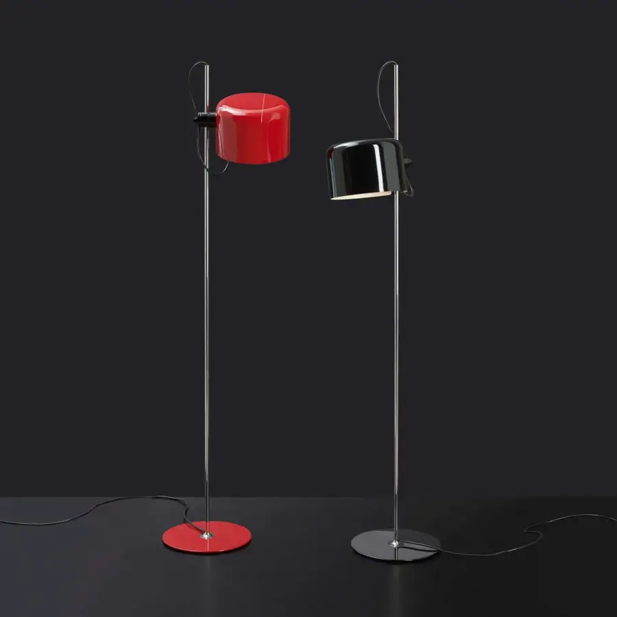 Elegant Oluce Coupé floor lamp with glossy metal and striking red semi-cylindrical dome offers directed lighting