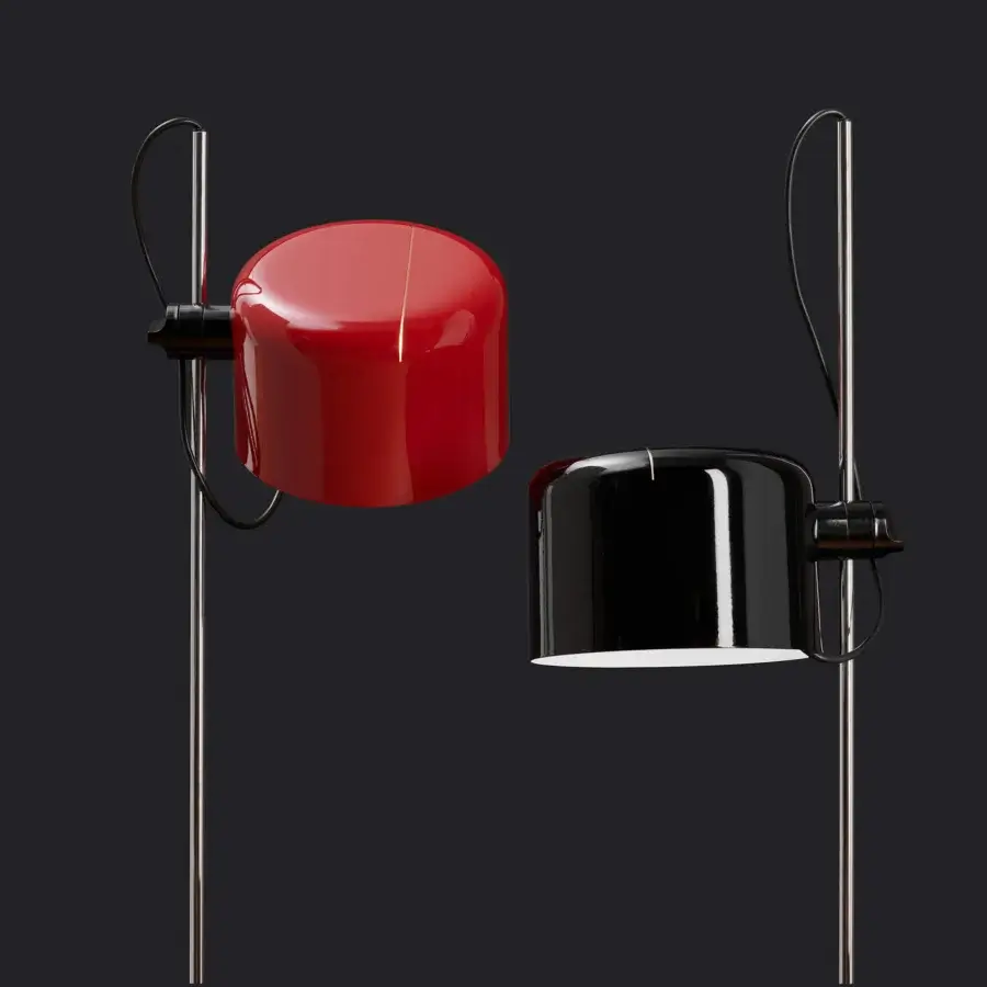 Exceptional Oluce Coupé floor lamp with a glossy red semi-cylindrical shade and polished metal pole