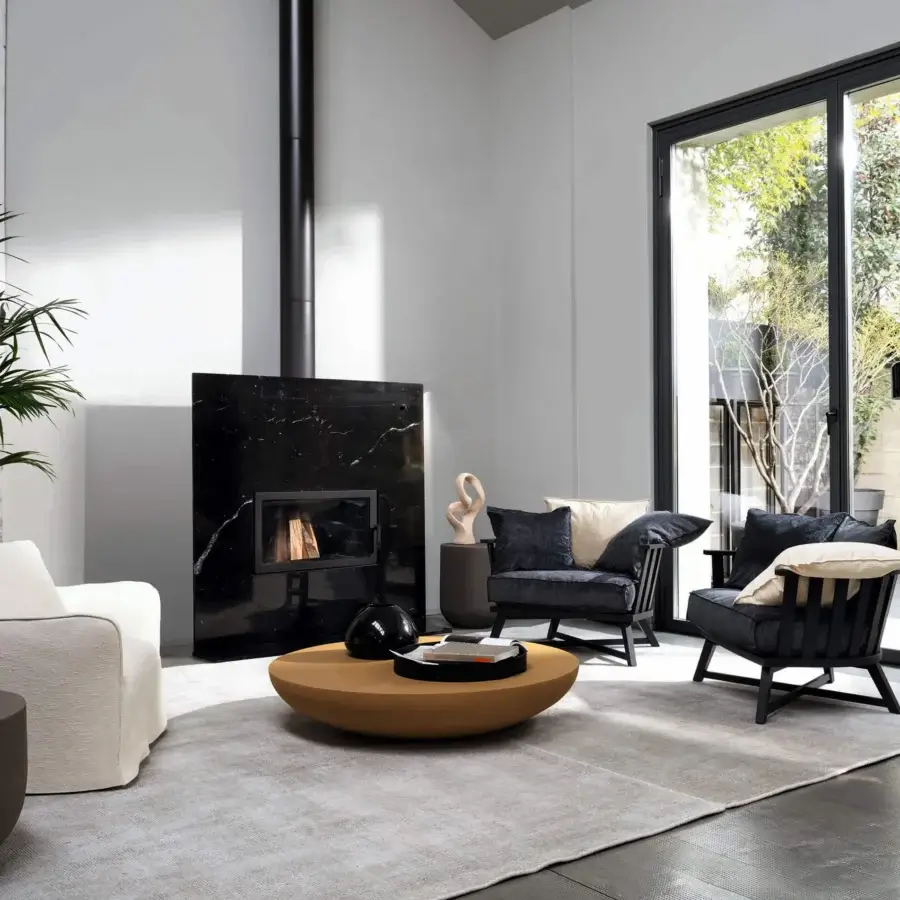 Superior Oluce Coupé floor lamp crafted in black metal with a satin finish and semi-spherical dome for versatile light direction