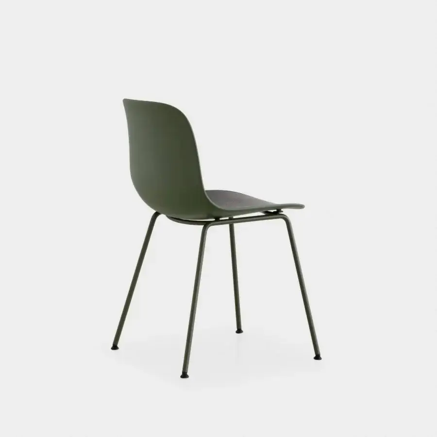 Elegant Lapalma Seela chair with aerodynamic form and matte olive green synthetic shell built with sleek metal legs