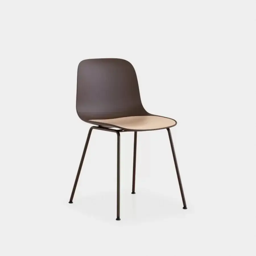 Sophisticated Lapalma Seela chair with muted brown shell and naturally grained wooden seat insert crafted in smooth matte synthetic material