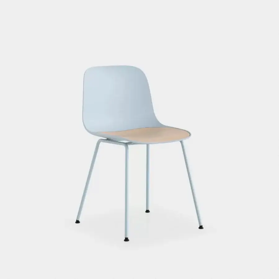 Elegant Lapalma Seela chair with aerodynamic molded shell in pastel blue and natural light wood seat with matte blue metal legs