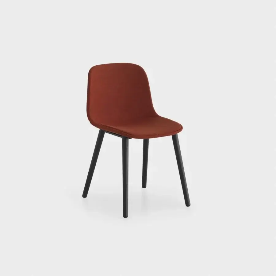 Distinguished Lapalma Seela chair with aerodynamic form upholstered in reddish-brown textured textile and slender dark metal legs