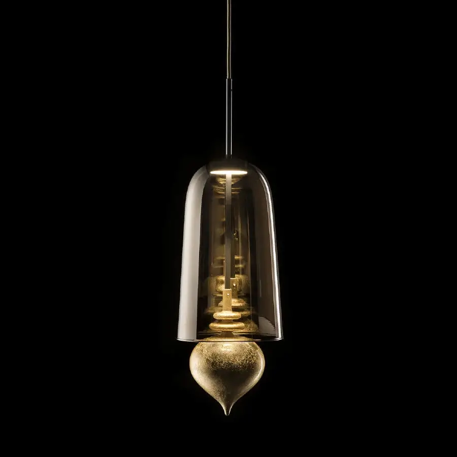 Elegant melogranoblu Ghanta suspension lamp with layered hand-blown glass and slender metallic elements in greyish-brown and white