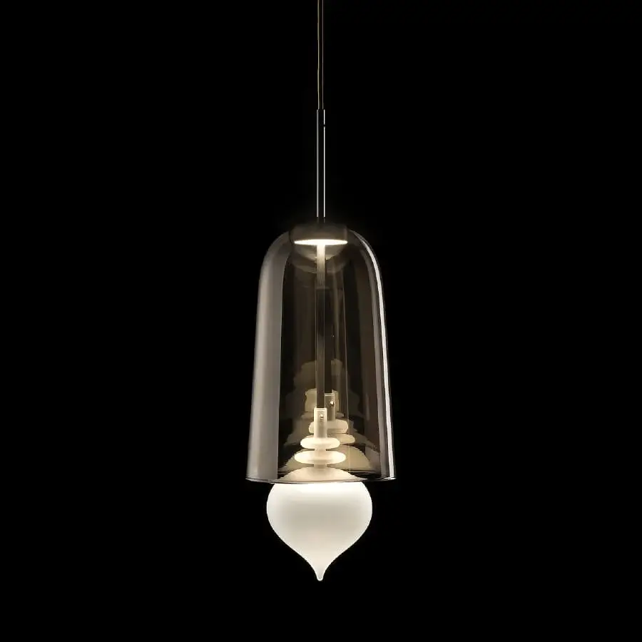 Exclusive melogranoblu Ghanta suspension lamp with hand-blown brown glass and frosted white pendant built with a dark grey cable