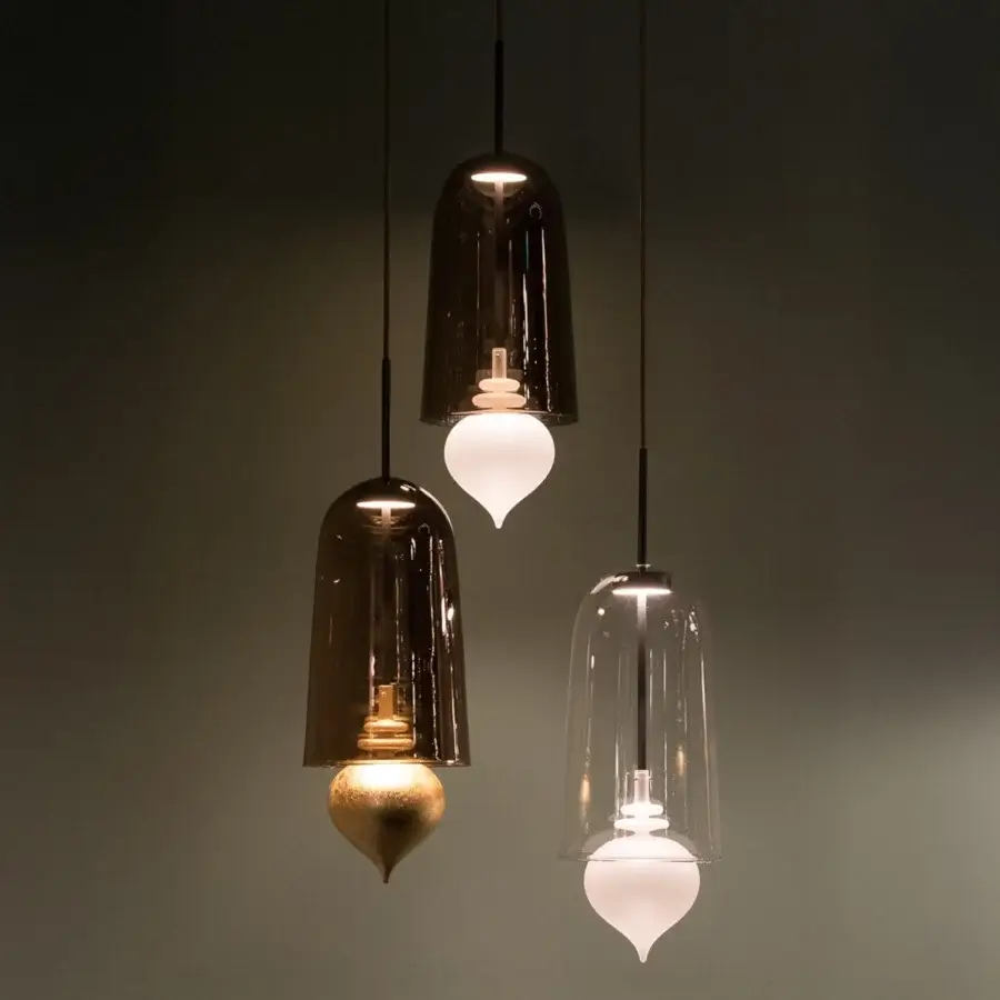 Distinguished melogranoblu Ghanta suspension lamp crafted with hand-blown brown glass and a frosted white pendant