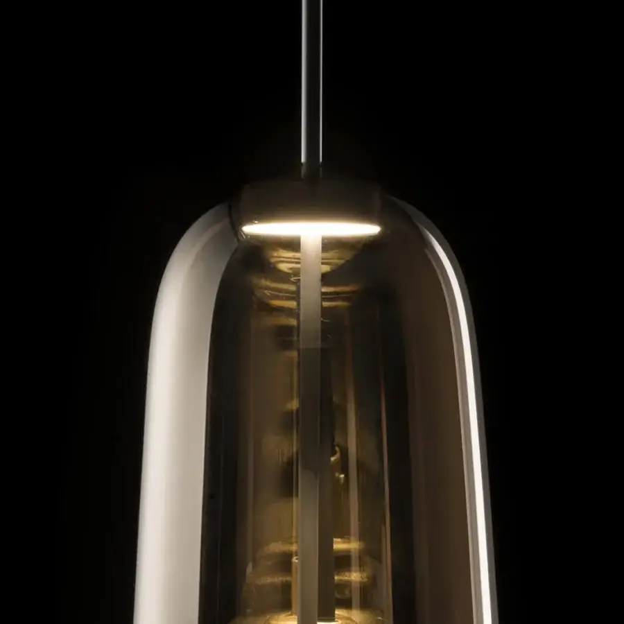 Exceptional melogranoblu Ghanta suspension lamp crafted in hand-blown brown glass with a gilded pendant and dark grey varnished canopy