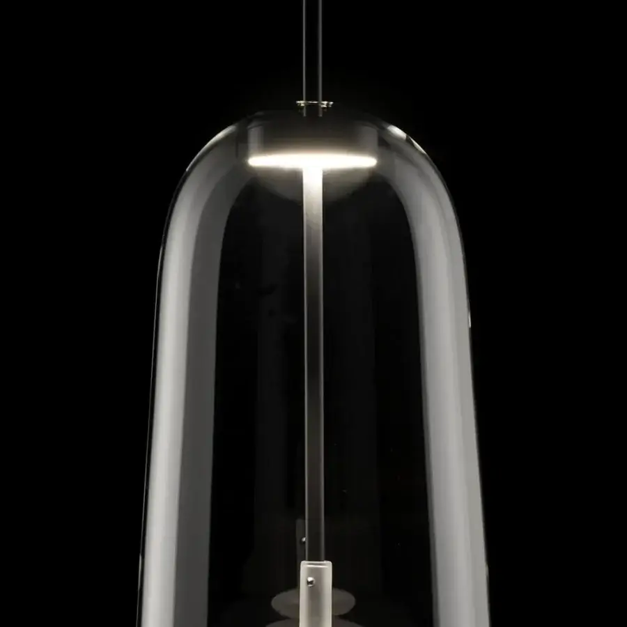 Distinguished melogranoblu Ghanta suspension lamp crafted in hand-blown smoky gray glass with a white frosted pendant and focused warm light