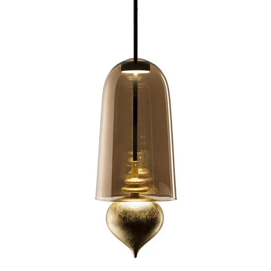 Lavish melogranoblu Ghanta suspension lamp crafted in hand-blown amber glass with gold leaf pendant and dark grey varnished metal accents