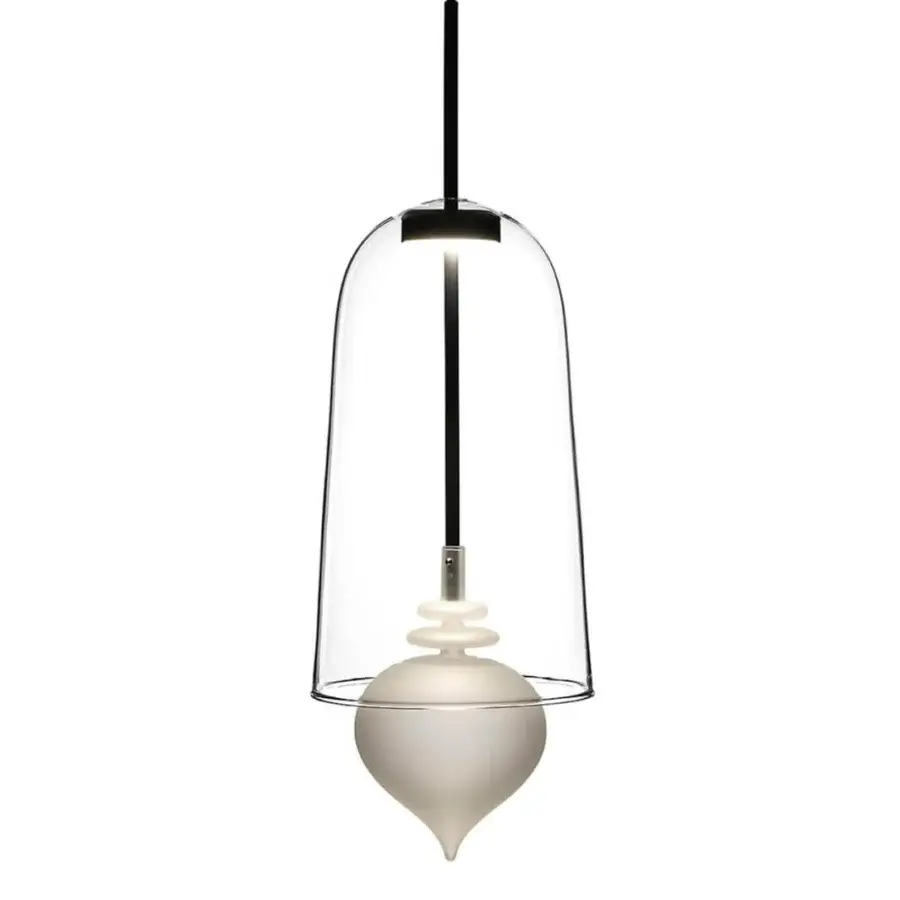 Exceptional melogranoblu Ghanta suspension lamp in transparent glass with frosted white inner pendant and dark grey varnished metal accents