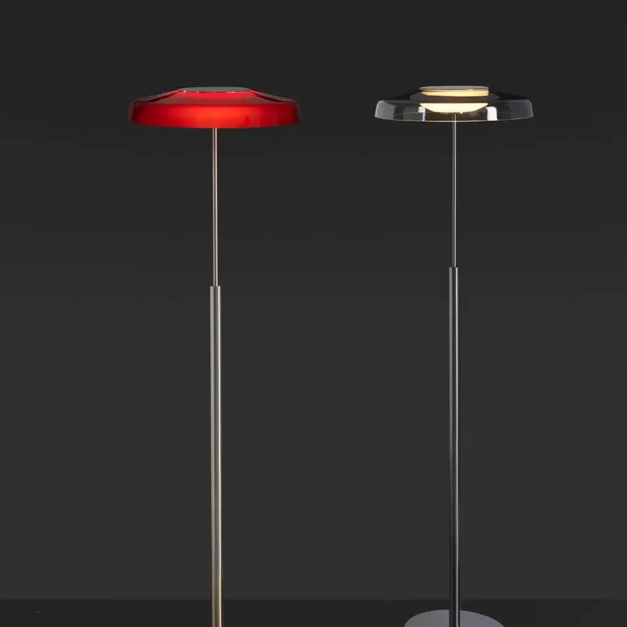 Superior Oluce Dora floor lamp with vibrant red glass shade and sleek brass-toned metal structure